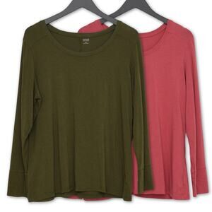 A.n.a Long Sleeve Shirts (SET OF 2) - Women's Medium - Solid Green & Pink Tops